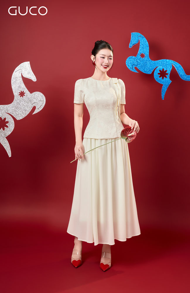 CHÂN VÁY XÒE VOAN LƯNG NHÚN - KEM - CV278