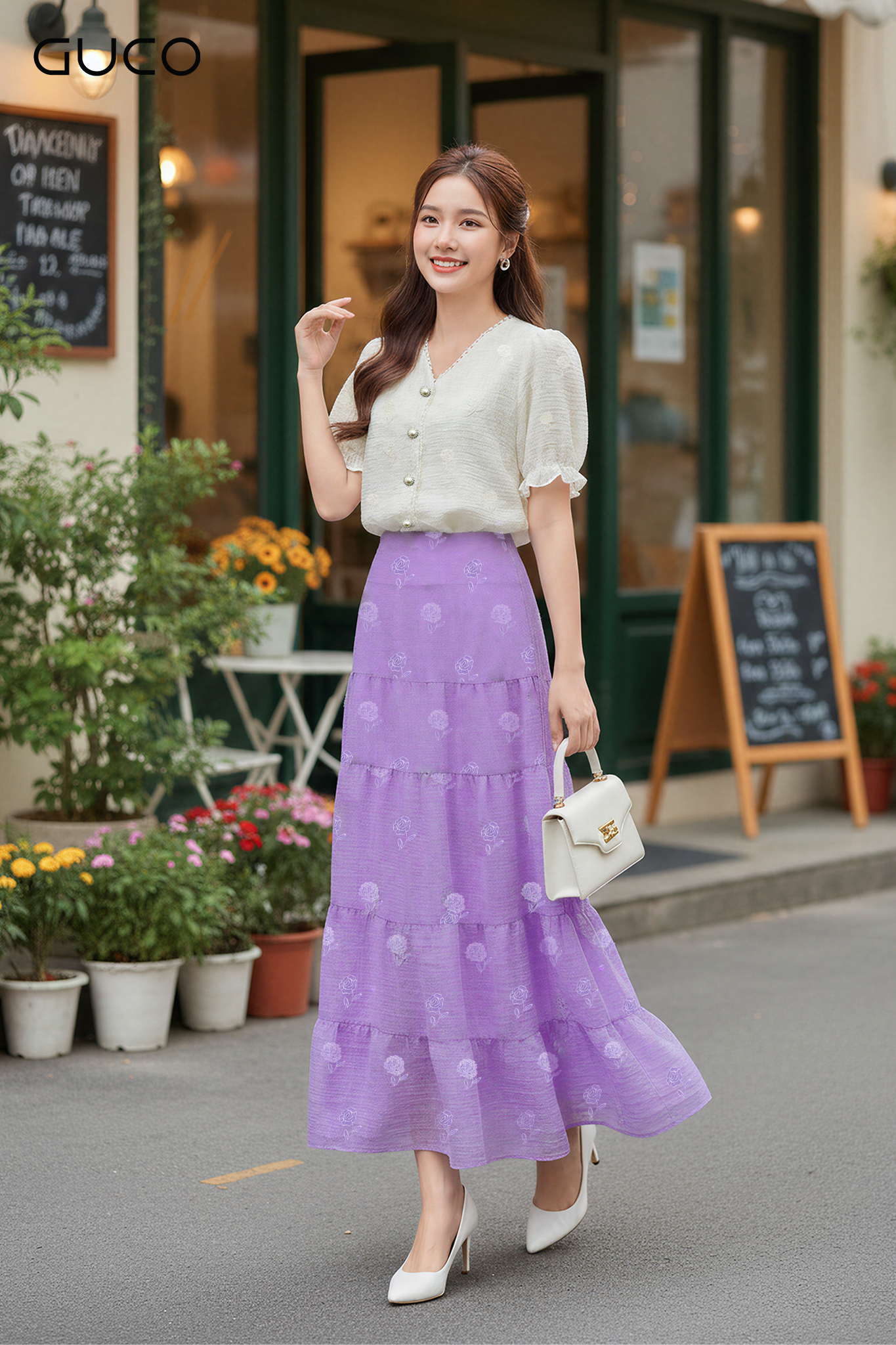 ÁO KIỂU XÔ THÊU HOA 2 LỚP - KEM - A693