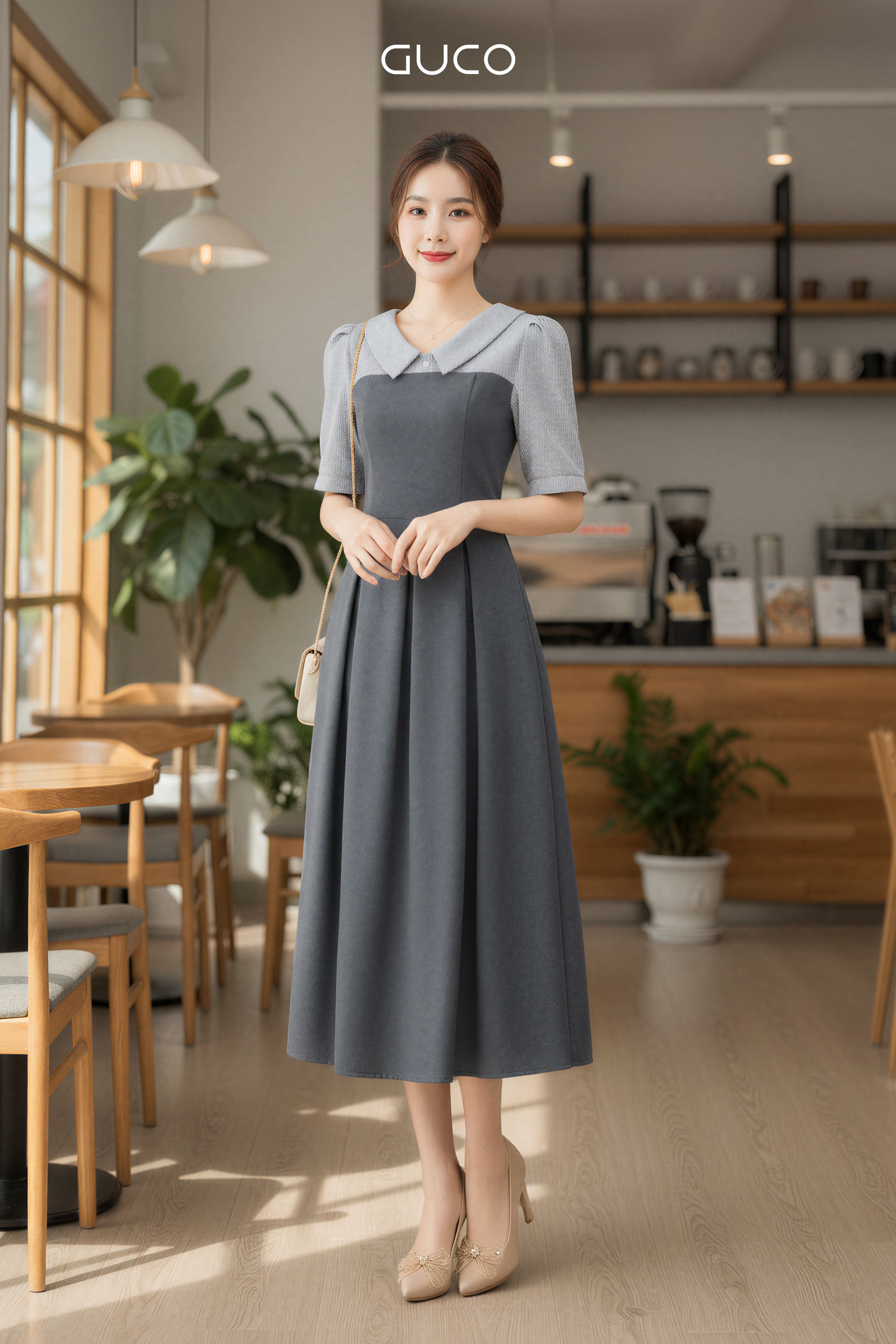 ĐẦM XÒE TAY PHỐI  ĐÍNH NÚT - XÁM - 5055