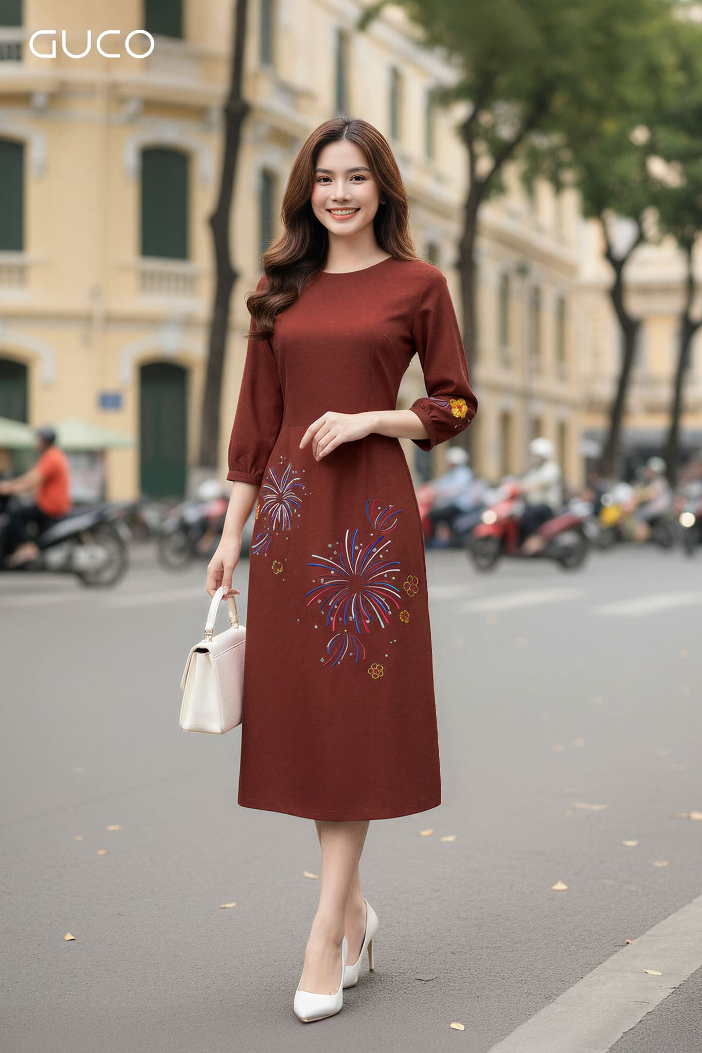 ĐẦM A THÊU HOA TAY LỠ - CAM - 5080