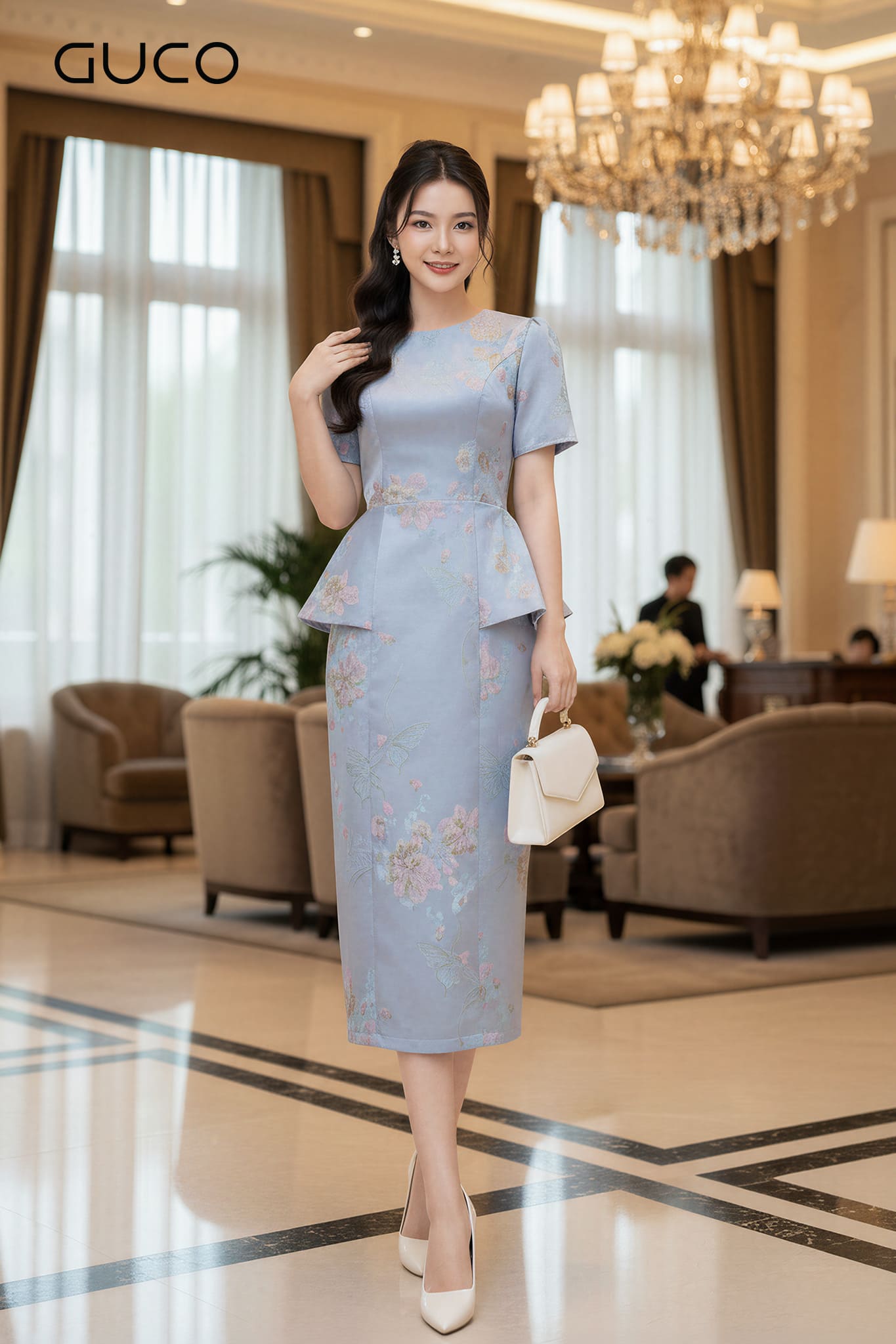 ĐẦM GẤM PEPLUM DỰ TIỆC CỔ TRÒN - XANH - 5085