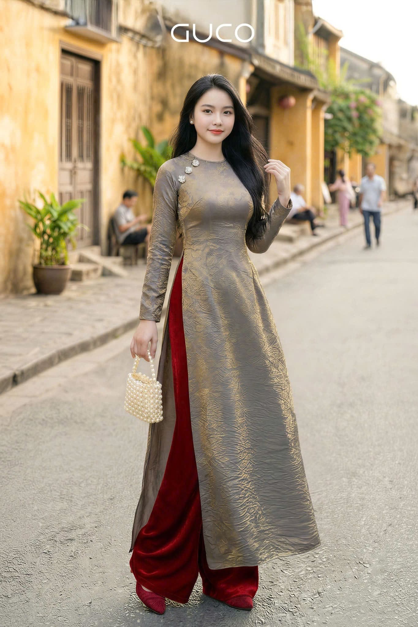 ÁO DÀI KIM ĐÀI KẾT ĐÁ - XÁM - AD16