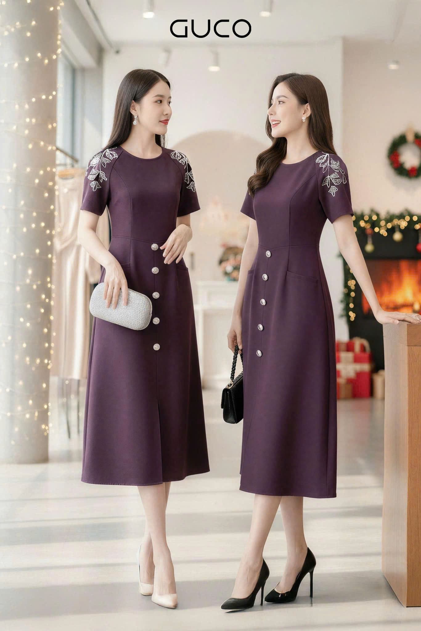 GUCO Đầm Suông Tím Thêu Vai Nhẹ Nhàng - Tím - 5041