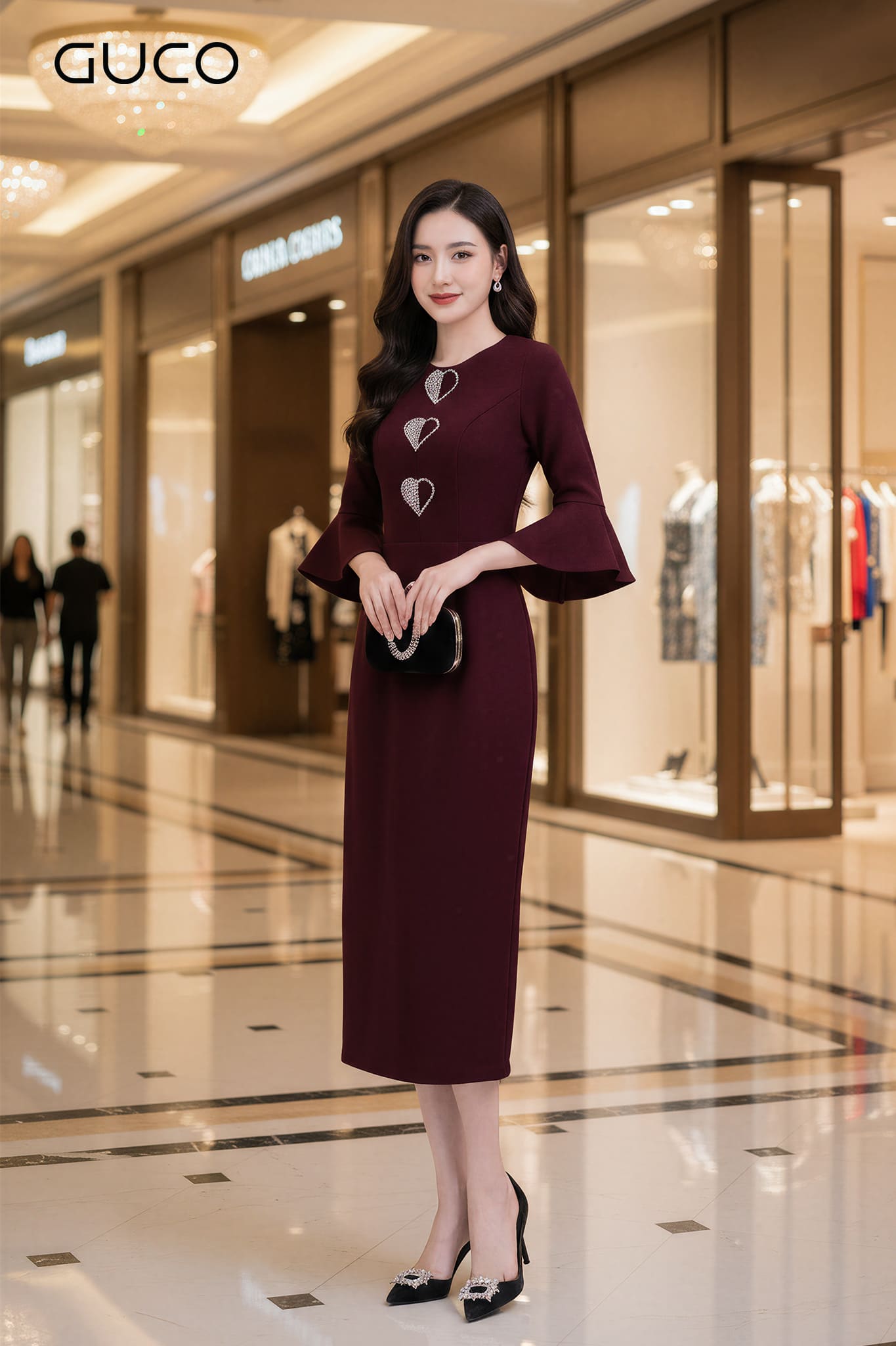 GUCO Đầm Body Đỏ Đô Đính Đá Trái Tim - 5083