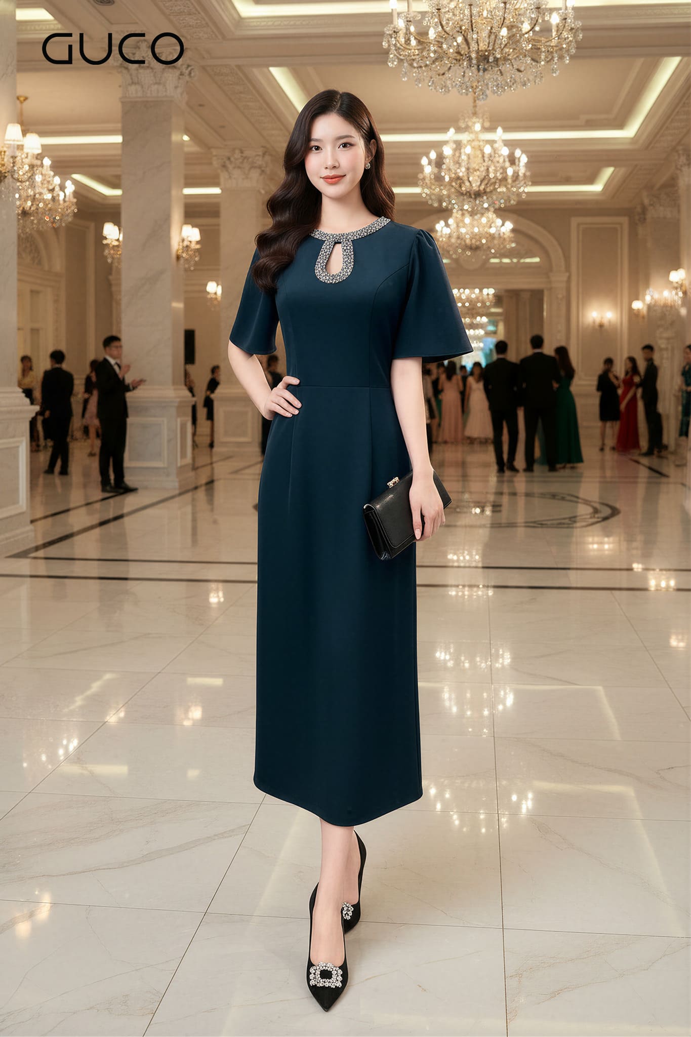 GUCO Đầm Xanh Cổ Giọt Lệ Đính Đá - 5091