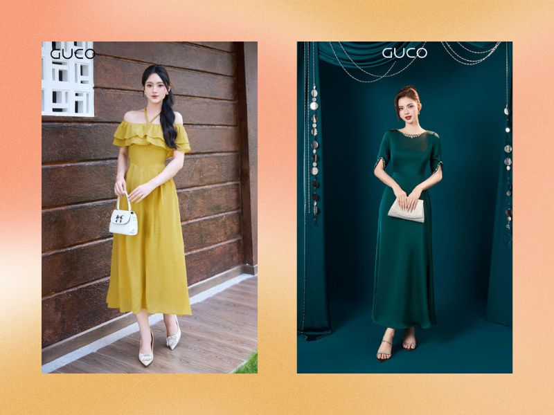 Đầm bẹt vai dự tiệc dáng dài sang trọng làm chủ buổi tiệc