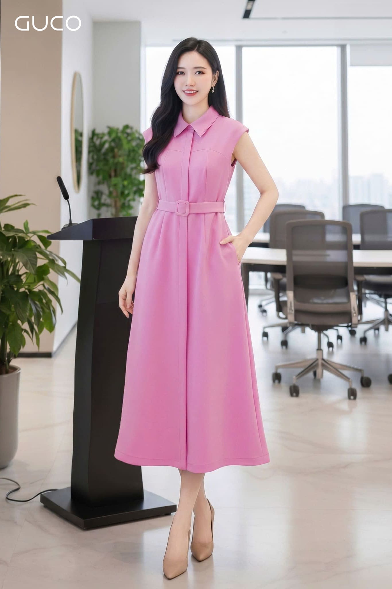 Đầm Xoè Sát Nách Hồng Pastel Thắt Đai - 5128