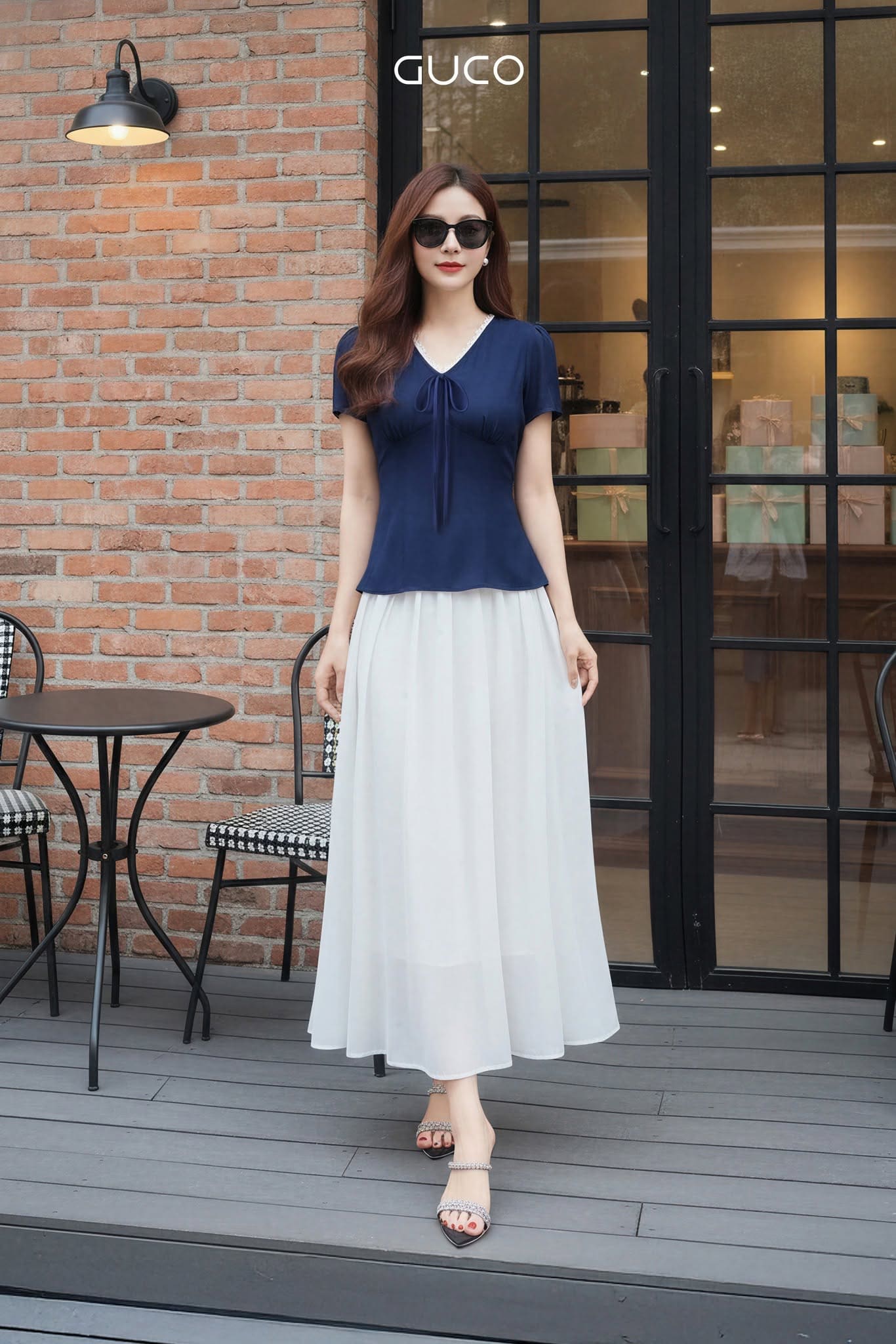 Áo Công Sở Xanh Navy Viền Ren Thắt Nơ - A706