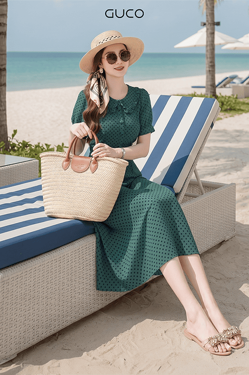 Đầm Công Sở Vintage Chấm Bi Xanh - 5132
