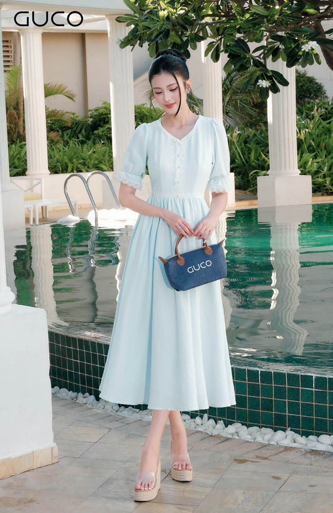 Đầm Midi Xanh Bạc Hà Phối Ren - 5147