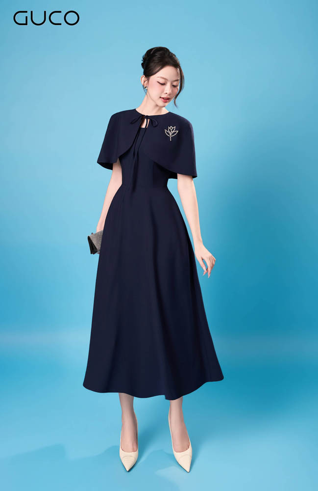Đầm Xòe Navy Áo Choàng Đính Đá Sapphire - 5162