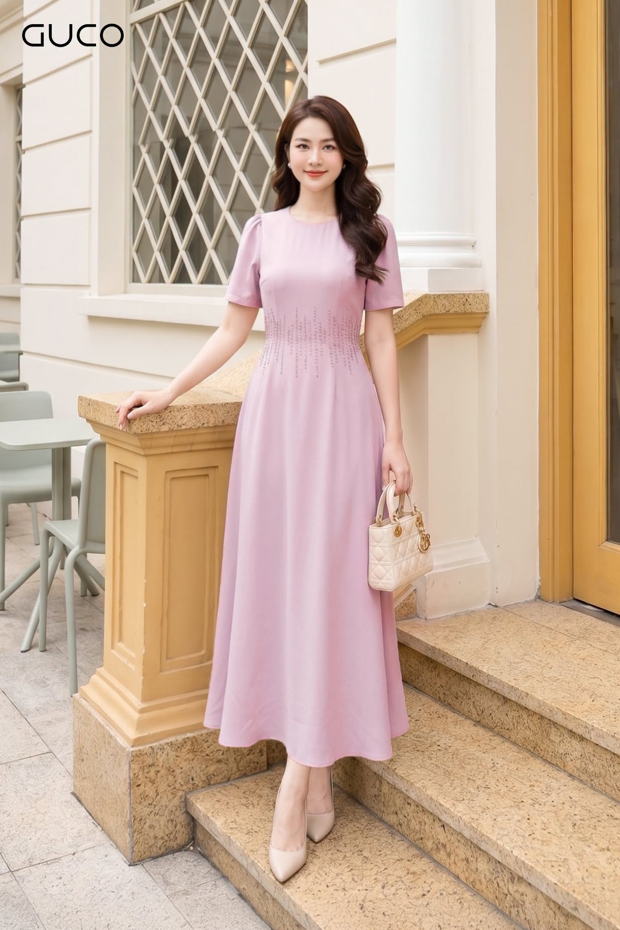Đầm Xòe Hồng Nude Đính Đá Eo - 5175