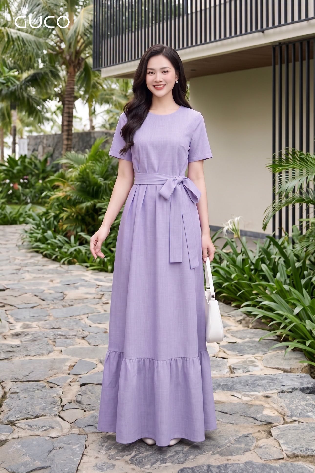 Đầm Suông Tím Thắt Dây Eo Tay Ngắn - 5176