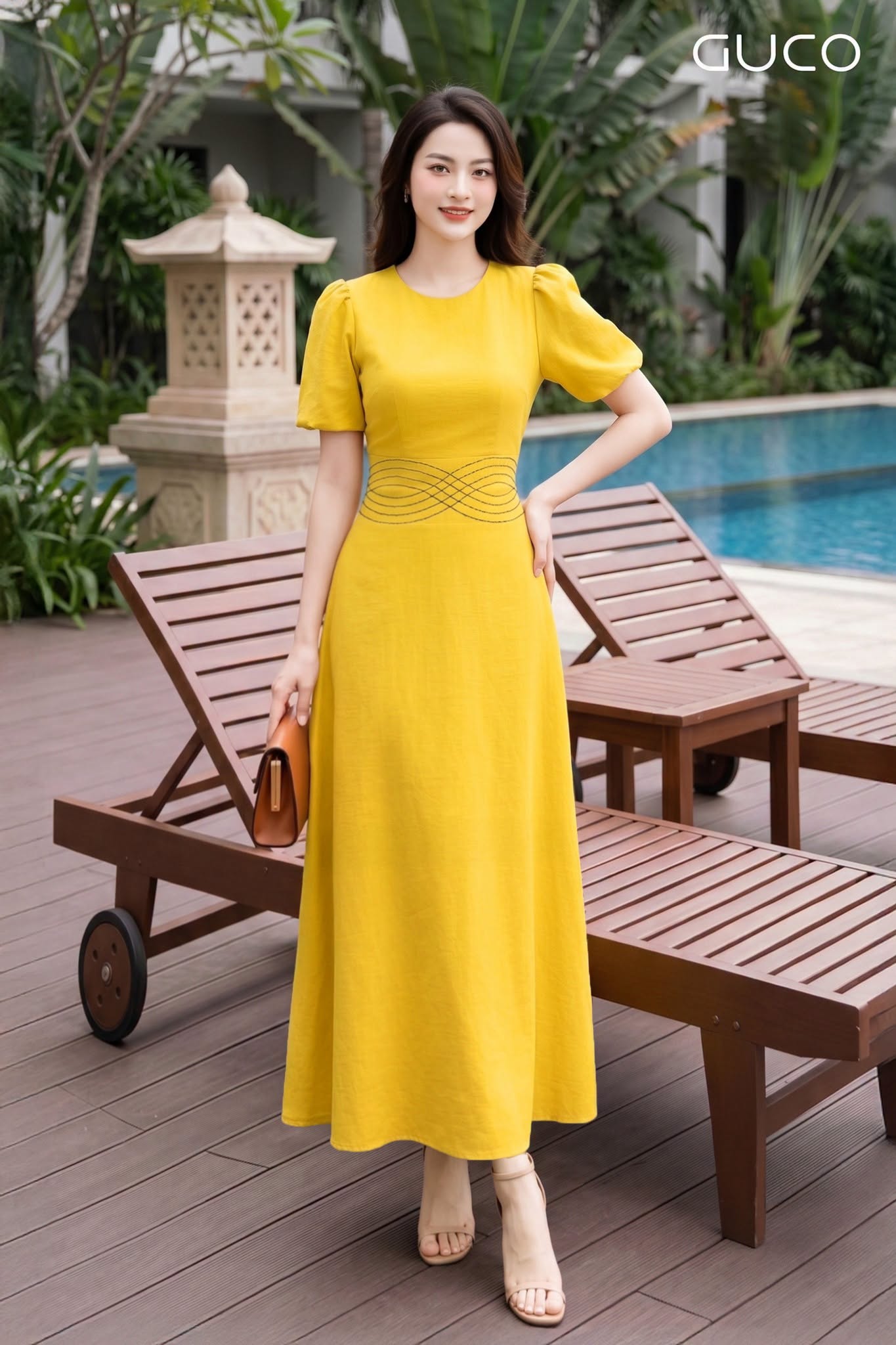 Đầm Midi Vàng Nhấn Eo Thêu Chỉ - 5178