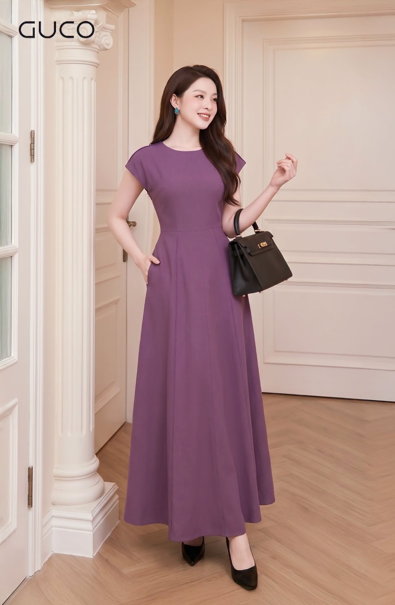 Đầm Maxi Tím Chiết Eo Xếp Ly Tay Cánh Tiên - 5185