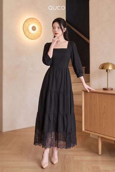 Đầm Xòe Đen Tay Lỡ Tùng Phối Ren - 5190