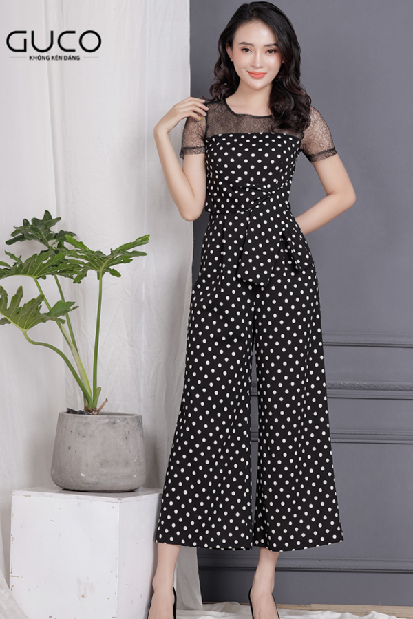 Jumpsuit ống rộng chấm bi phối lưới 1719 màu đen