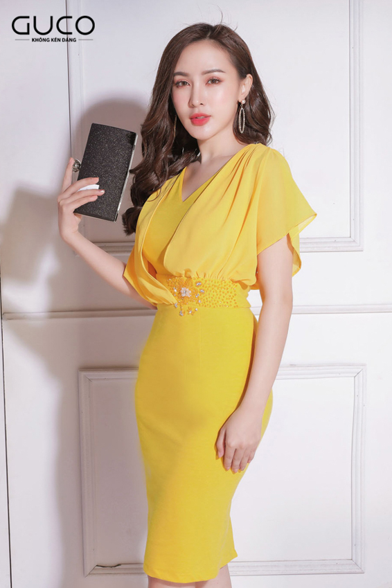 Đầm dự tiệc kết cườm 1869 màu vàng