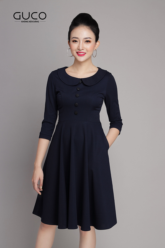 Đầm xòe dạo phố 1980 màu xanh đen