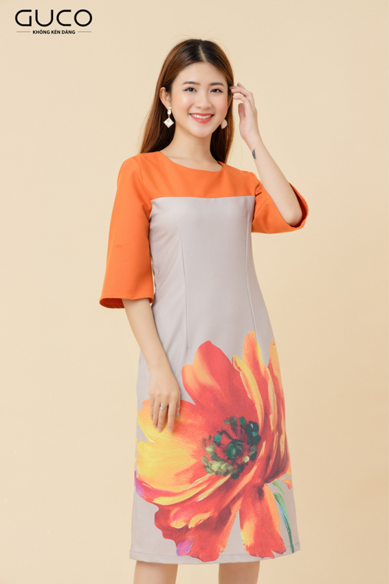 Đầm công sở in hoa 3D dáng suông 2193