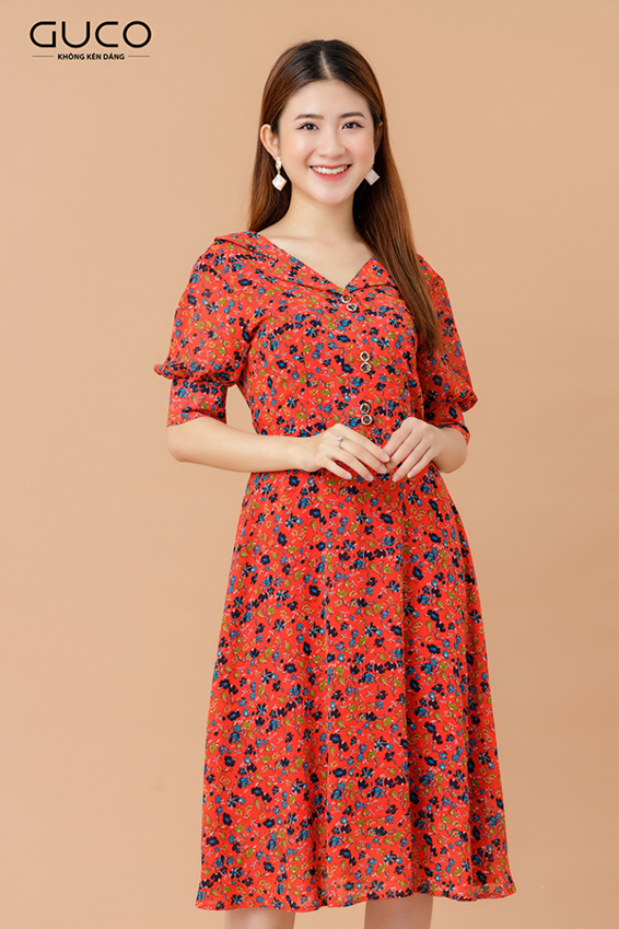 Đầm xòe hoa công sở 2212 màu đỏ