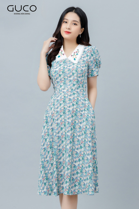 Đầm xòe hoa 2317 cổ thêu 