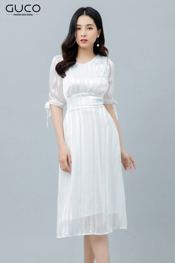 Đầm xòe tay nơ 2384 màu trắng