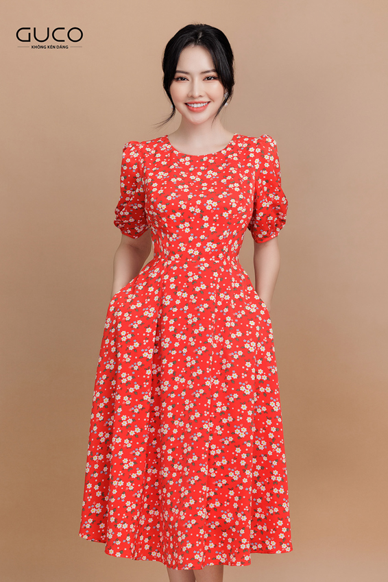 Đầm xòe hoa 3358 màu đỏ