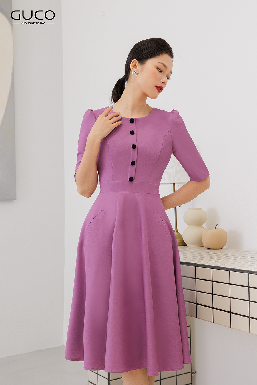 Đầm xòe cổ tim kết nút 3481 màu tím