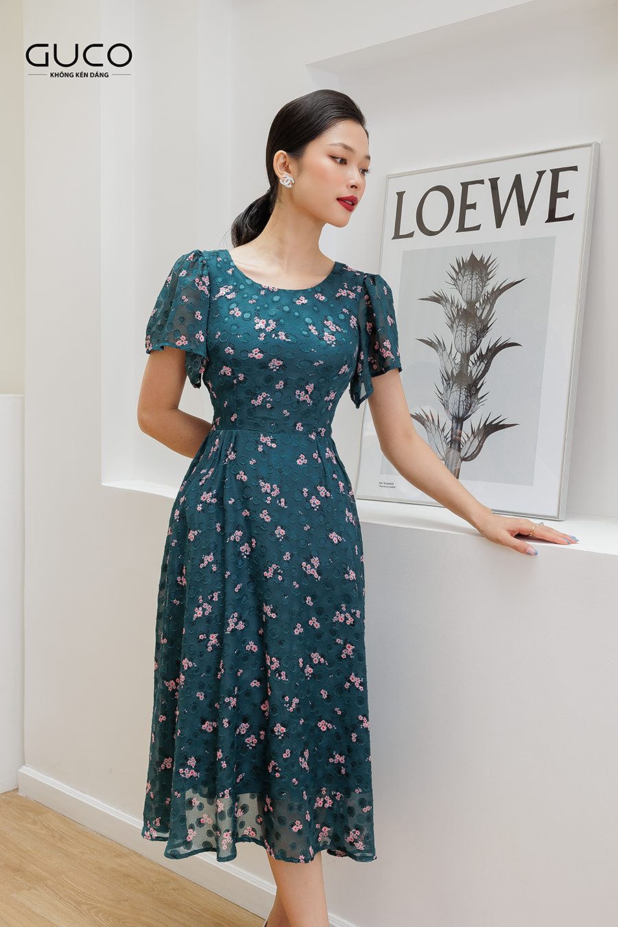 Đầm xòe hoa cổ tròn 3484 màu xanh