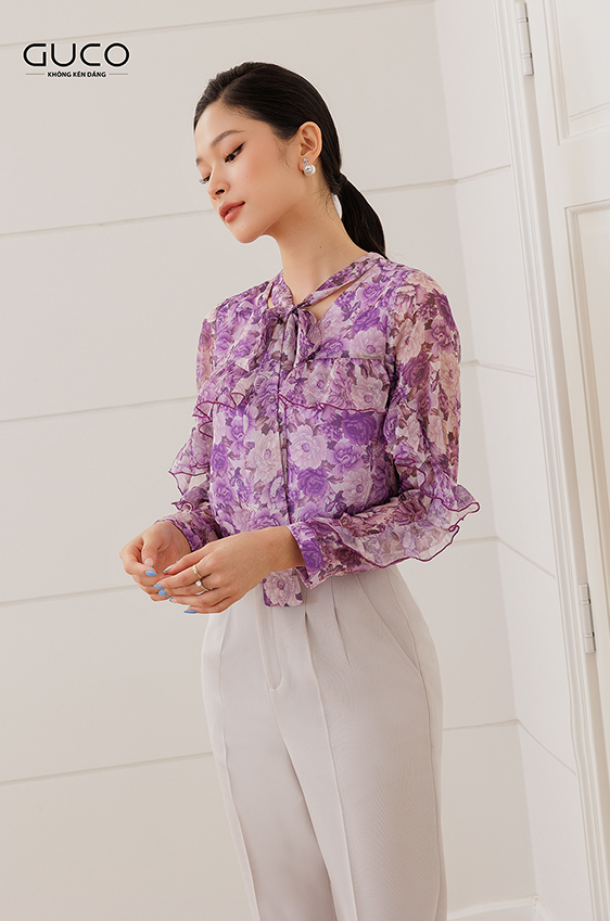 Áo kiểu voan hoa phối nơ A256 màu tím