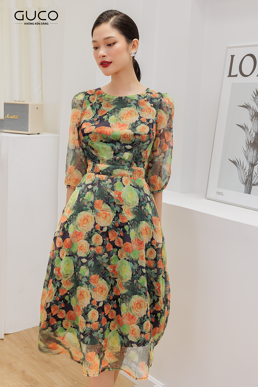  Đầm hoa tay lỡ 3489 màu xanh