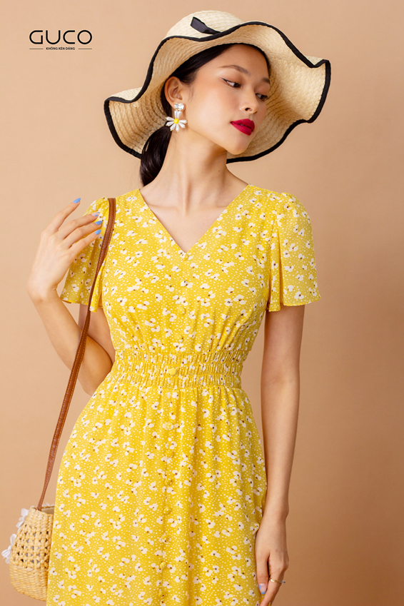 Đầm maxi bo thun eo 3463 màu vàng
