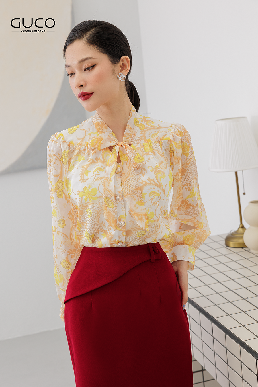 Áo kiểu tay dài thắt nơ A262 hoa vàng