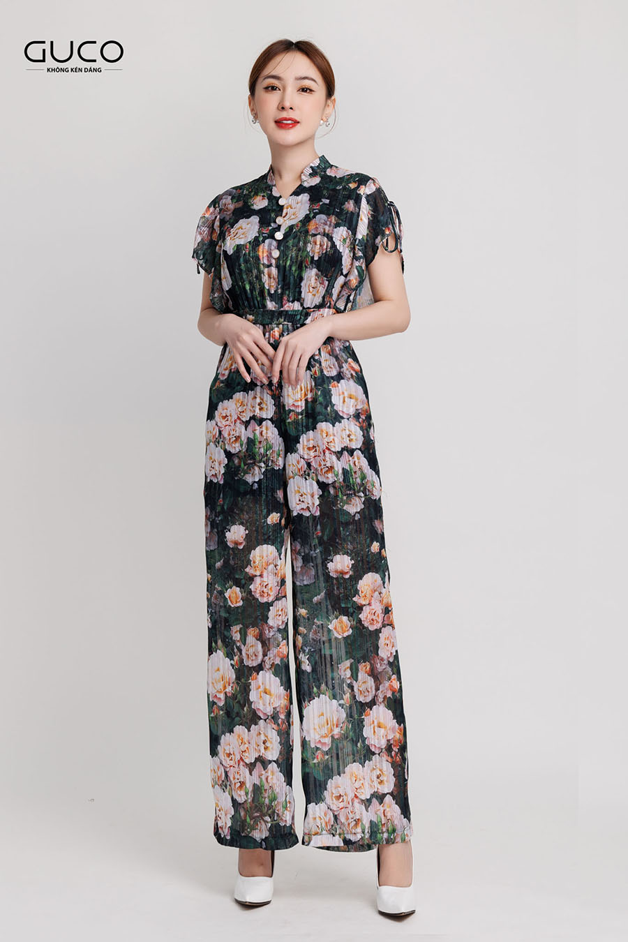Jumpsuit hoa hồng tay thắt nơ 3555 màu xanh