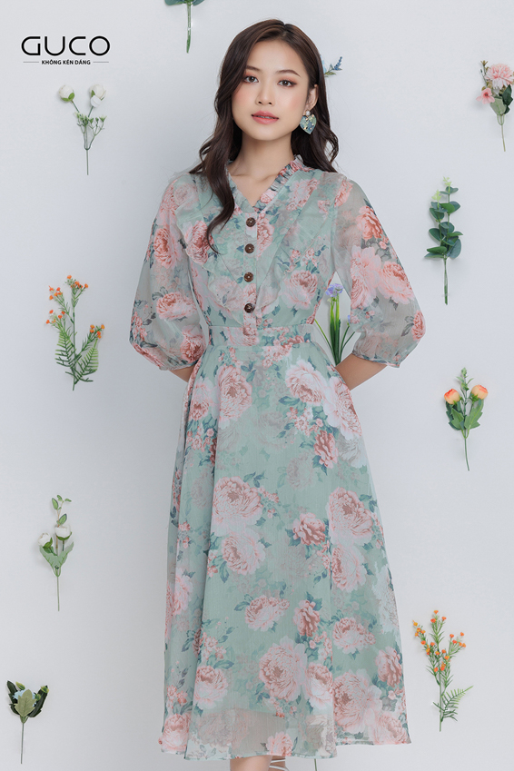 Đầm xòe hoa tay lỡ cổ bèo 3588 màu xanh