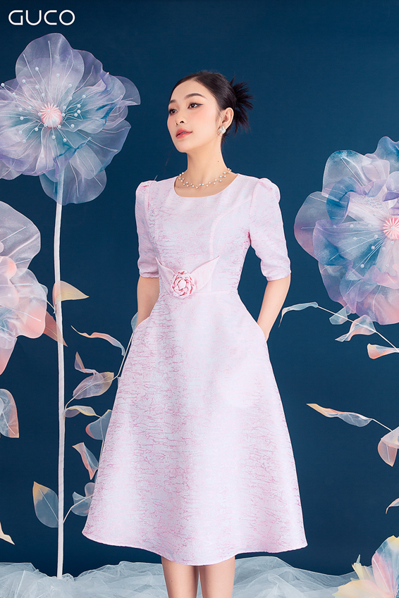 Đầm xòe dự tiệc gấm kết hoa 3854 -  Hồng