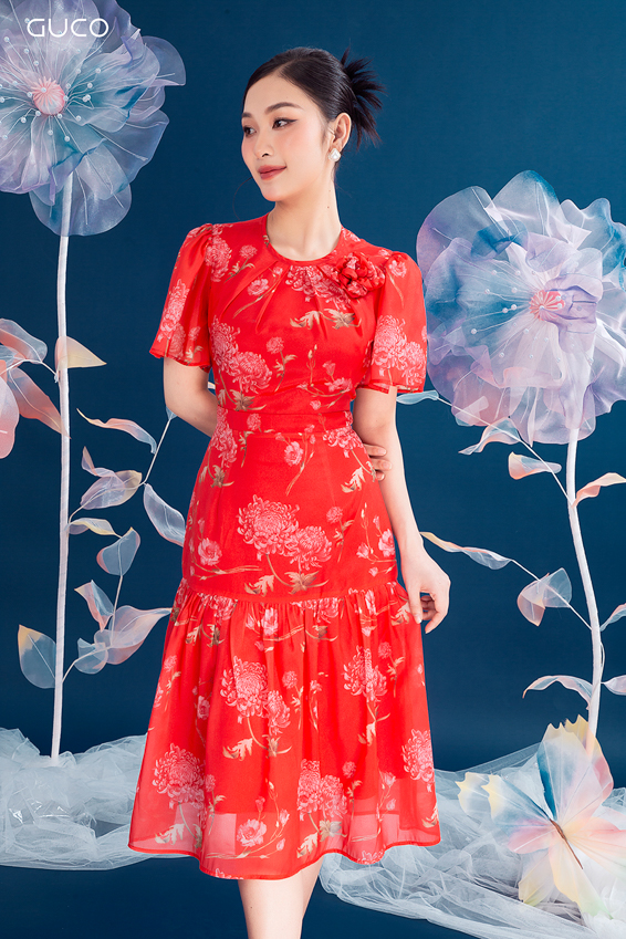Đầm xòe hoa cổ tròn kết hoa 3855 -  Đỏ