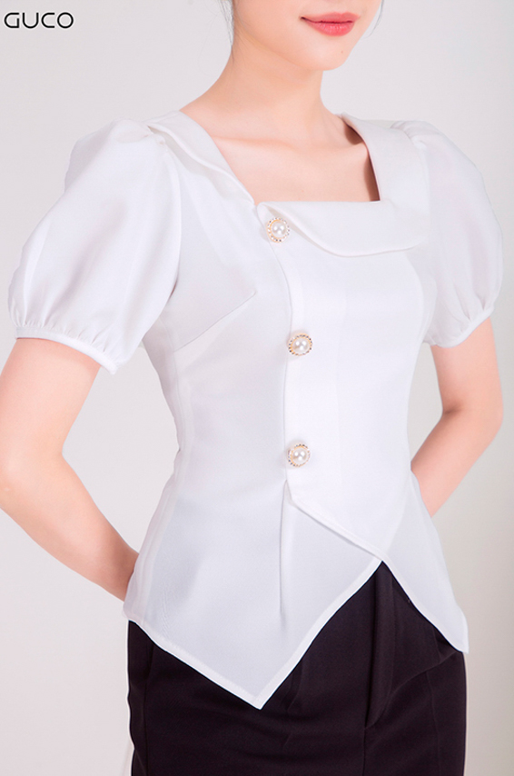 Áo kiểu cổ vuông đính nút A299 -  Trắng