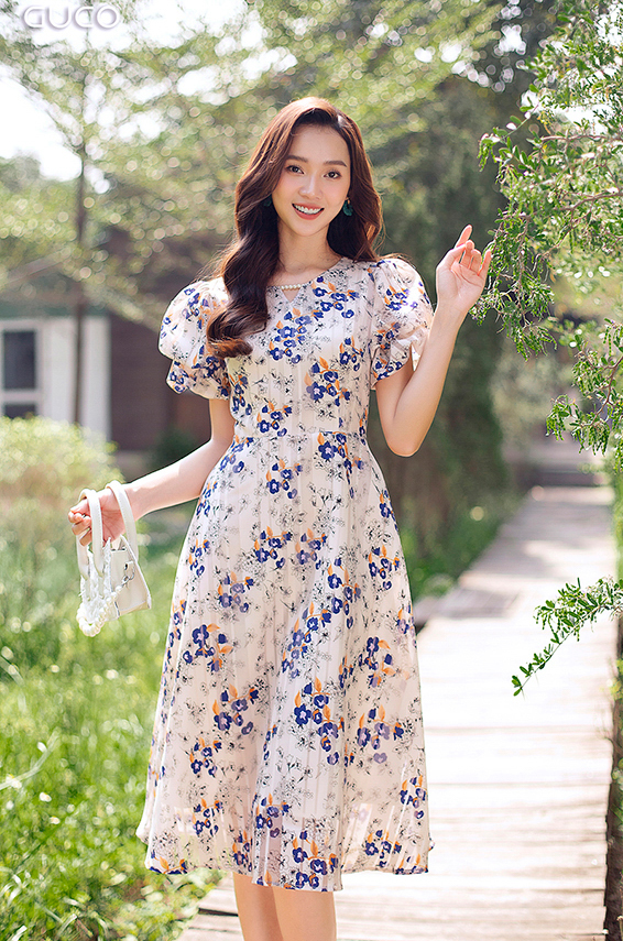 Đầm midi hoa dáng xòe tay bí 3966 -  Trắng