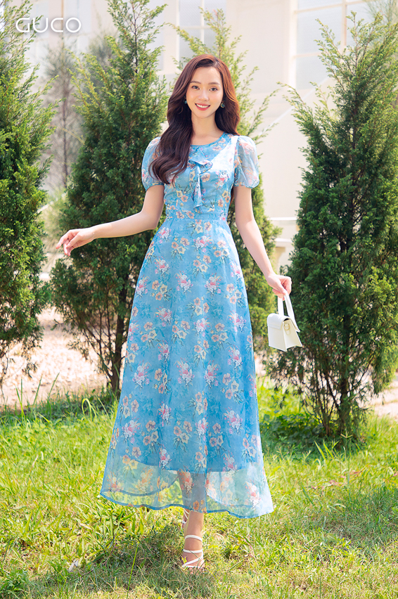 Đầm maxi hoa cổ tròn bèo ngực 3974 -  Xanh