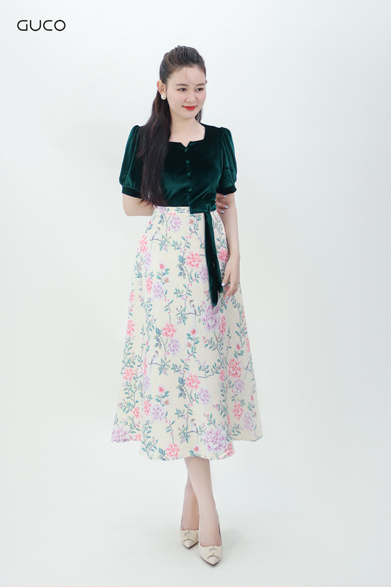 Đầm xòe dự tiệc áo nhung gấm hoa 3892 -  Xanh