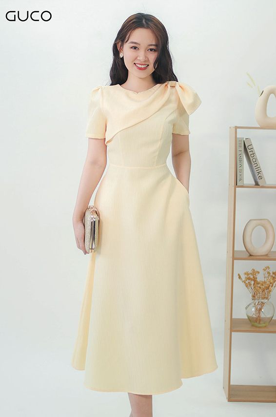Đầm xoè cổ nơ kiểu 3368 -  Vàng