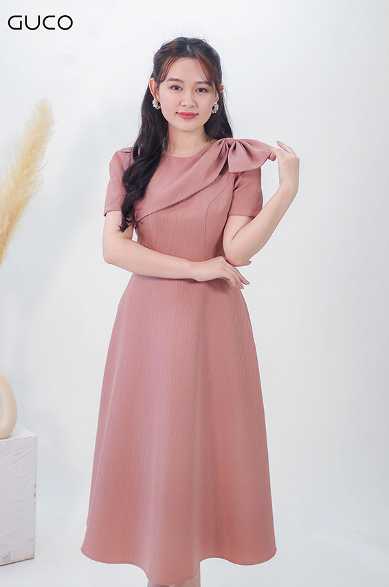 Đầm xoè cổ nơ kiểu 3368 -  Hồng
