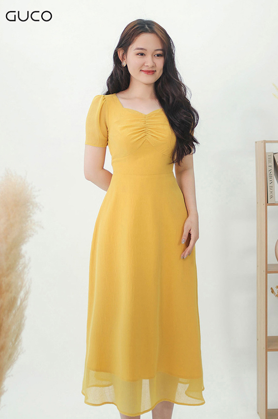 Đầm xòe cổ vuông nhúng ngực 3944 -  Vàng