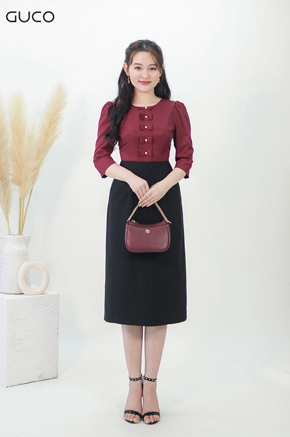 Đầm dáng A phối áo đính hạt trai - Đỏ Đen