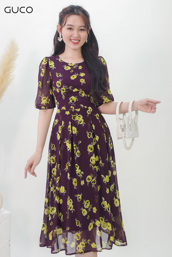 Đầm xòe hoa vàng nền tím tùng gấp ly 4017 -  Tím