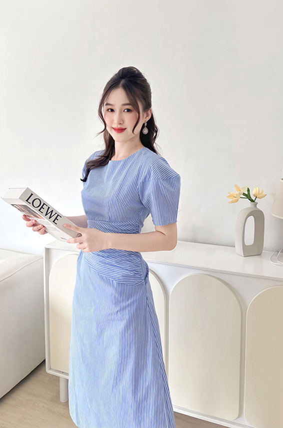 Đầm dáng A sọc kẻ xếp ly eo 4007 - Xanh