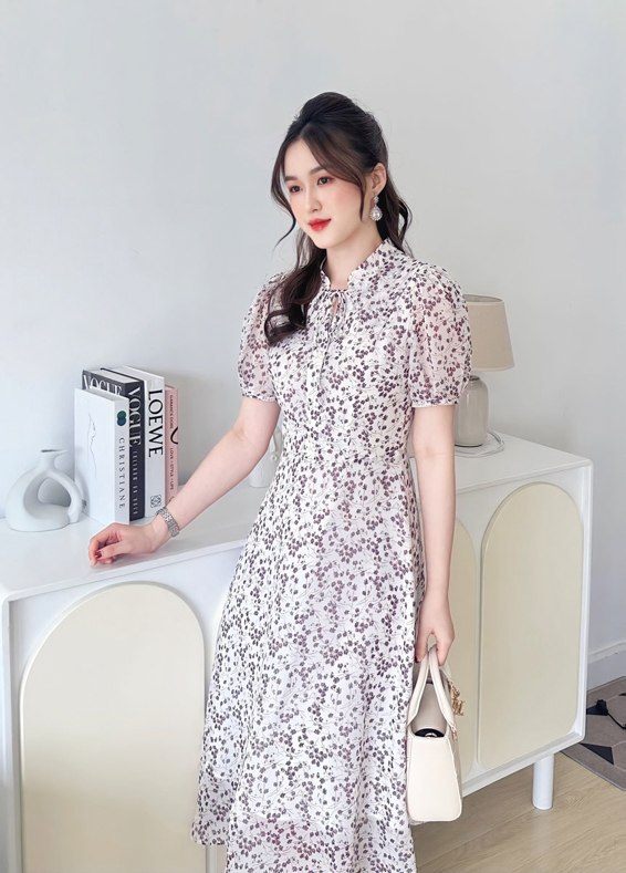 Đầm xòe hoa tím nhí nền trắng - 4027