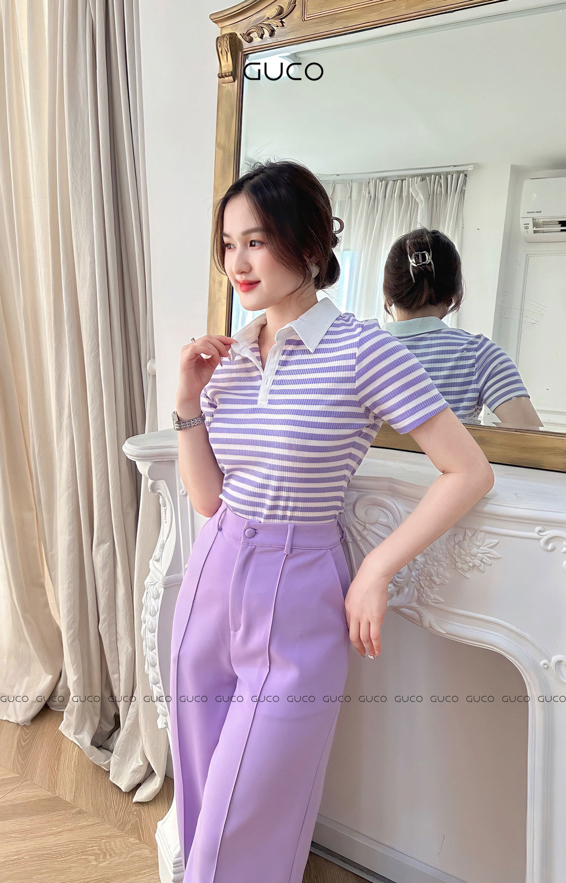 Áo thun sọc tím phối cổ trắng A327 -  Sọc tím